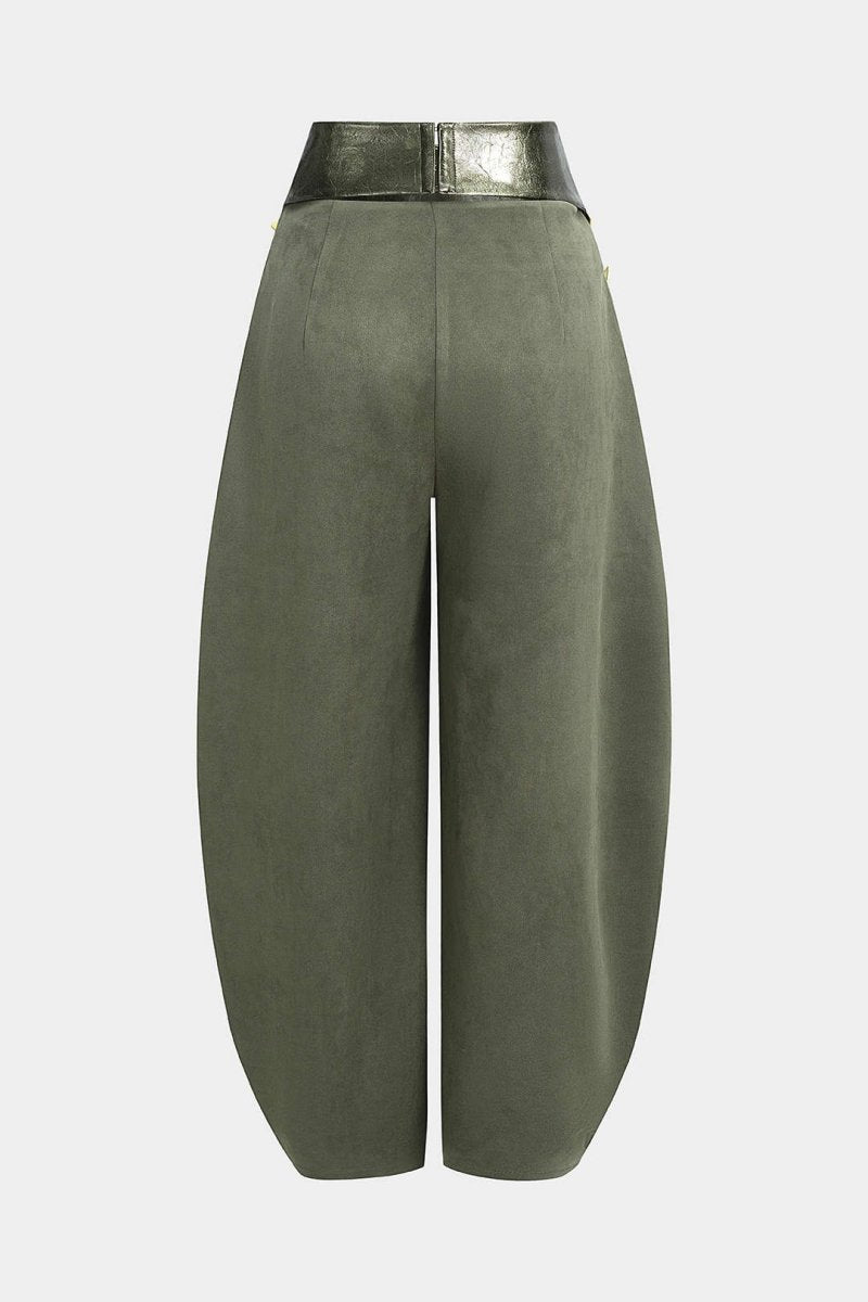 Faux Leather Patchwork Suede Metallic Decor High Waist Pants - MISMIMCWBT2509190041-DARK GREEN-XS