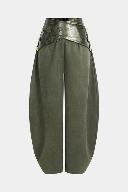 Faux Leather Patchwork Suede Metallic Decor High Waist Pants - MISMIMCWBT2509190041-DARK GREEN-XS