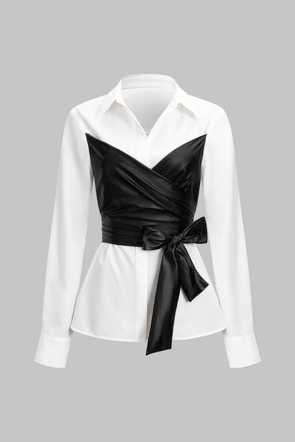 Faux Leather Patchwork Tie - Back Long - Sleeve Shirt - MISMIMCWTE2509160108-WHITE-XS