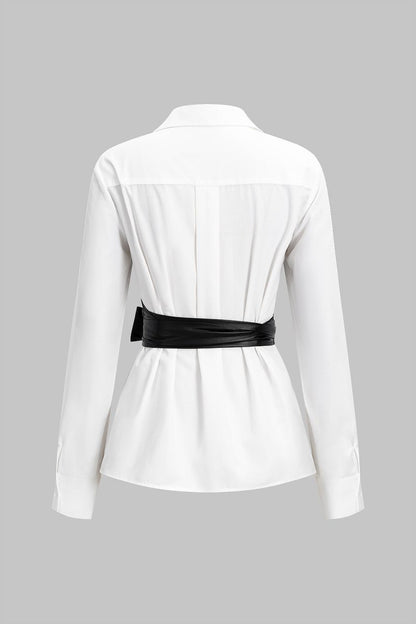 Faux Leather Patchwork Tie - Back Long - Sleeve Shirt - MISMIMCWTE2509160108-WHITE-XS