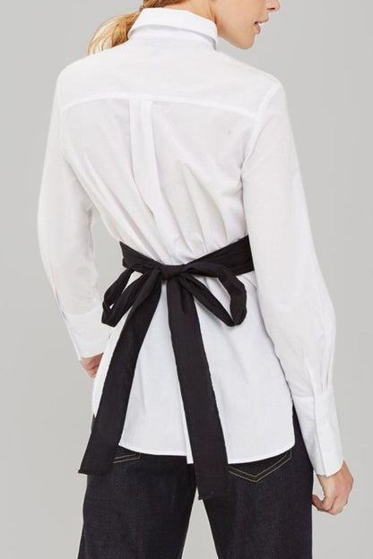 Faux Leather Patchwork Tie - Back Long - Sleeve Shirt - MISMIMCWTE2509160108-WHITE-XS