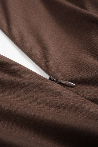 Faux Leather Patchwork V - Neck Ruched Sleeveless Mini Dress - MISMIMCWDC2508260009-BROWN-XS