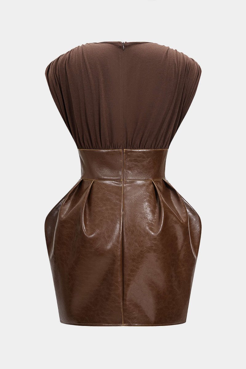 Faux Leather Patchwork V - Neck Ruched Sleeveless Mini Dress - MISMIMCWDC2508260009-BROWN-XS