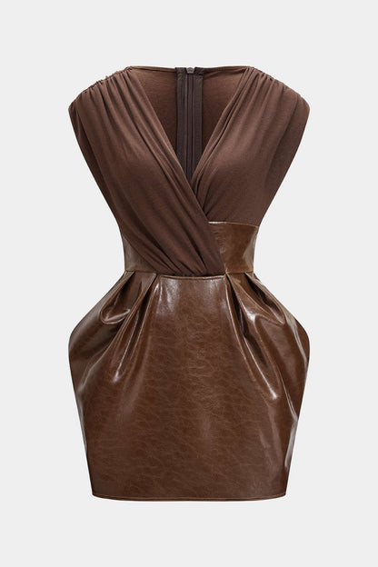 Faux Leather Patchwork V - Neck Ruched Sleeveless Mini Dress - MISMIMCWDC2508260009-BROWN-XS