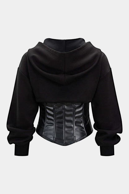 Faux Leather Patchwork Zipper Hoodie - MISMIMCWTH2509160112-BLACK-XS