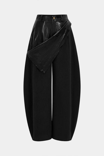 Faux Leather Patchwork Zipper Wide Leg Pocket Barrel Trousers - MISMIMCWBT2507180027-BLACK-XS