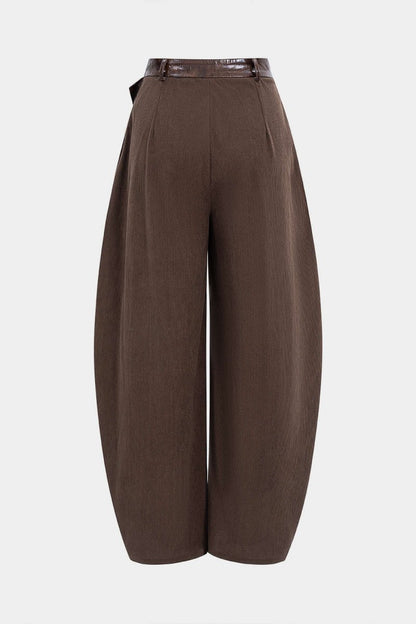 Faux Leather Patchwork Zipper Wide Leg Pocket Barrel Trousers - MISMIMCWBT2507180027-COFFEE-XS