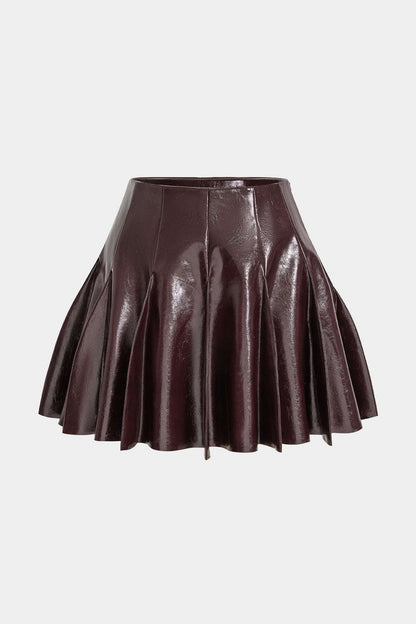 Faux Leather Pleated Stitching Detail Skirt - MISMIMCWBK2506190026-COFFEE-XS