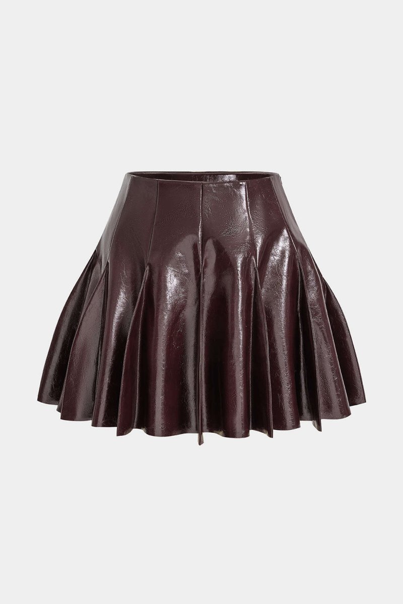 Faux Leather Pleated Stitching Detail Skirt - MISMIMCWBK2506190026-COFFEE-XS