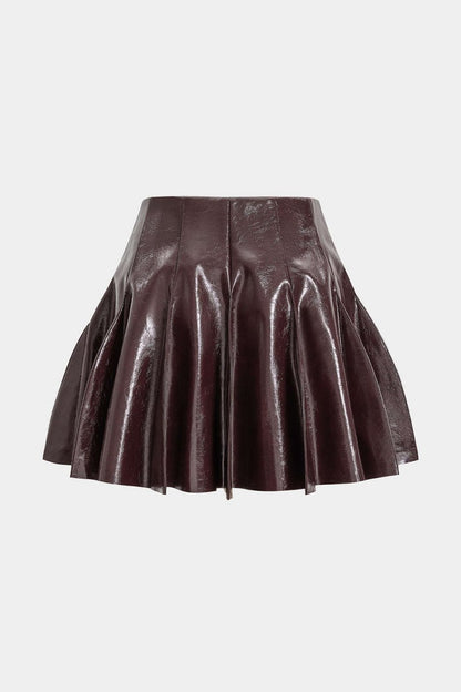 Faux Leather Pleated Stitching Detail Skirt - MISMIMCWBK2506190026-COFFEE-XS