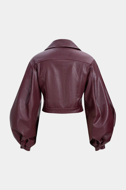 Faux Leather Puff Sleeve Zipper Jacket - MISMIMCWOJ2509160100-BURGUNDY-XS