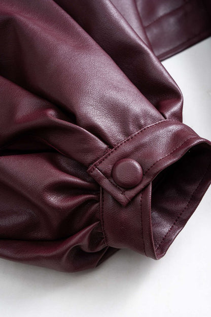 Faux Leather Puff Sleeve Zipper Jacket - MISMIMCWOJ2509160100-BURGUNDY-XS