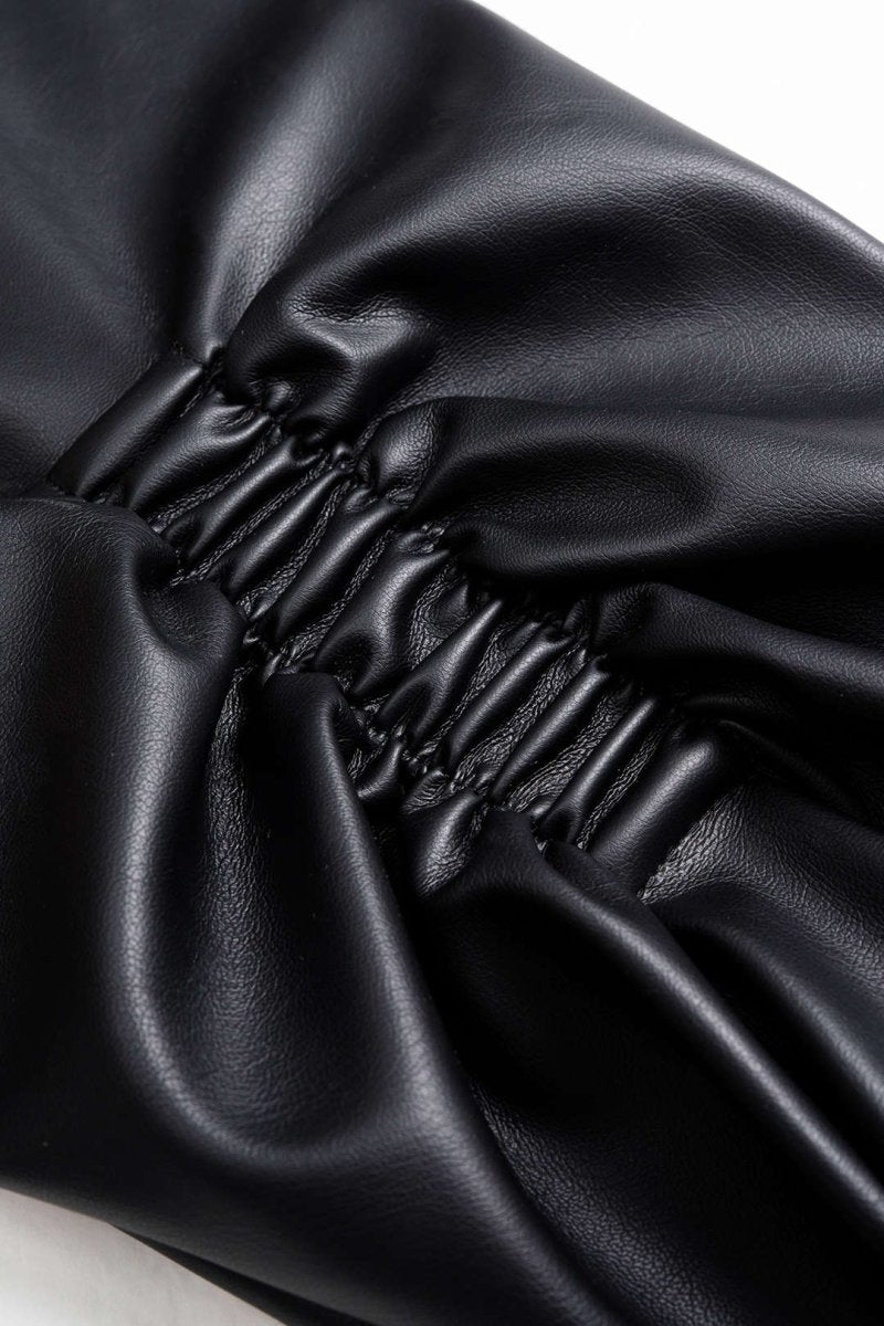 Faux Leather Ruched Button Asymmetrical Shirt - MISMIMCWTV2509260031-BLACK-XS