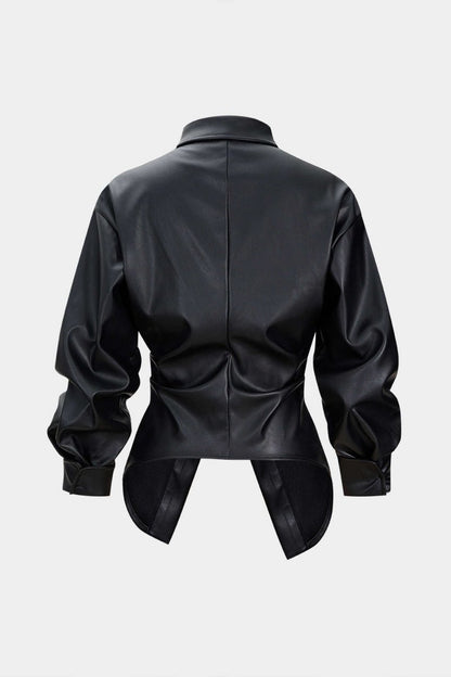 Faux Leather Ruched Button Asymmetrical Shirt - MISMIMCWTV2509260031-BLACK-XS