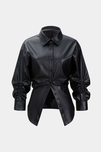 Faux Leather Ruched Button Asymmetrical Shirt - MISMIMCWTV2509260031-BLACK-XS