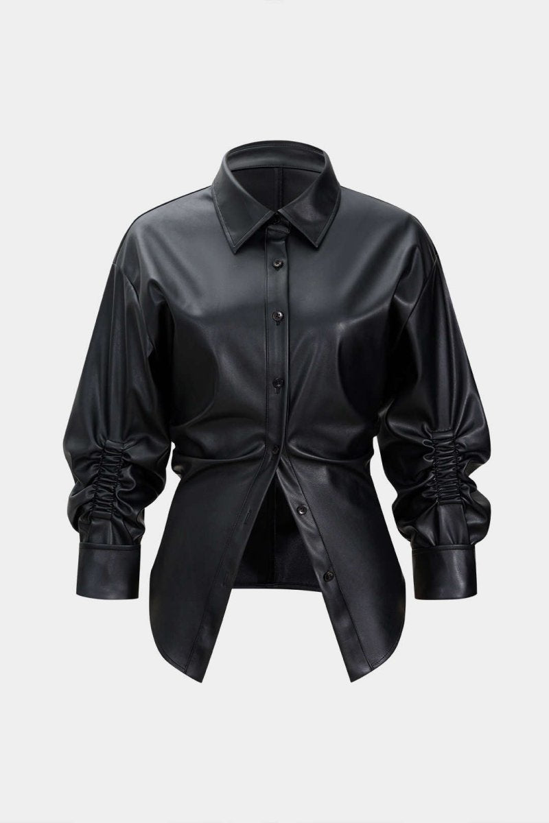 Faux Leather Ruched Button Asymmetrical Shirt - MISMIMCWTV2509260031-BLACK-XS