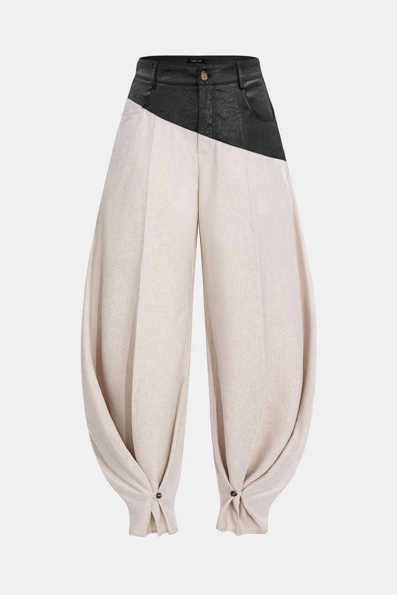 Faux Leather Ruched Patchwork Barrel Trousers - MISMIMCWBT2506190023-BLACK-XS