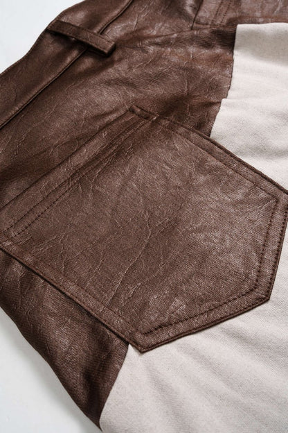 Faux Leather Ruched Patchwork Barrel Trousers - MISMIMCWBT2506190023-COFFEE-XXS
