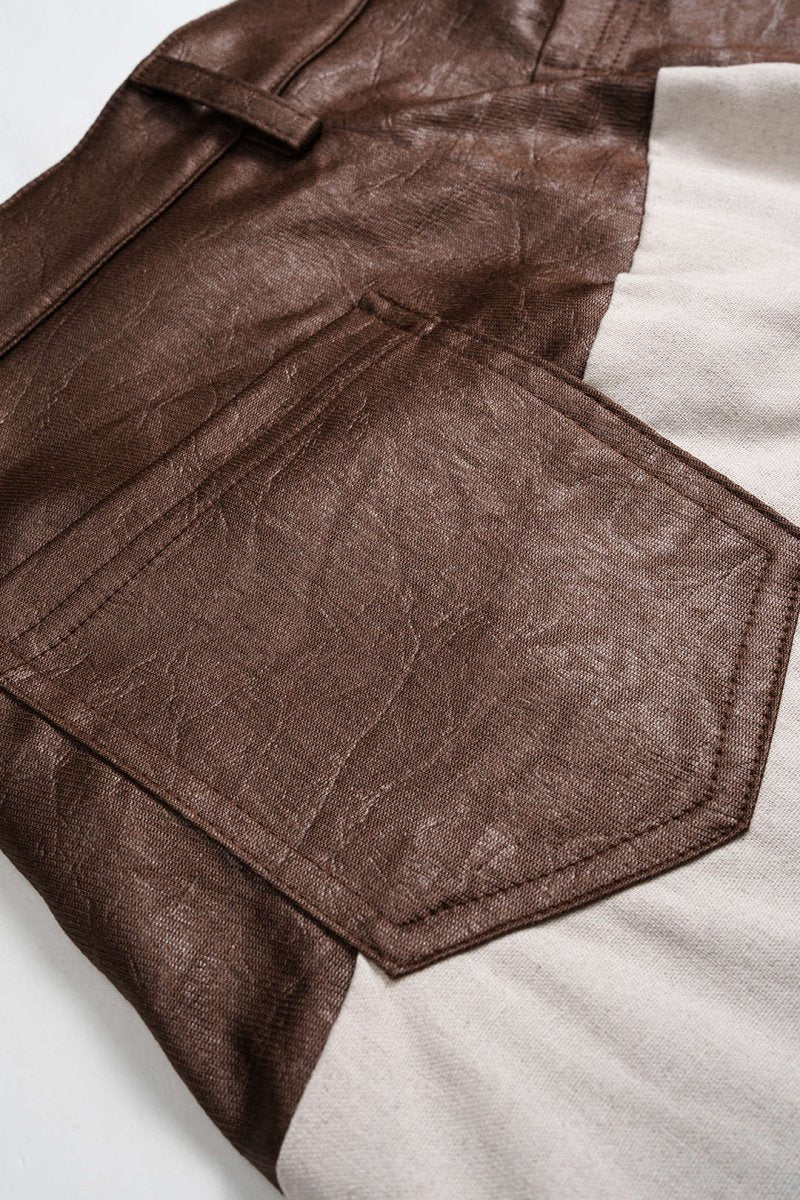 Faux Leather Ruched Patchwork Barrel Trousers - MISMIMCWBT2506190023-COFFEE-XXS