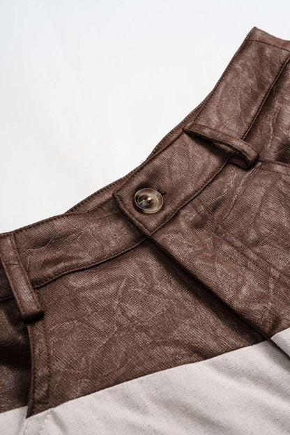 Faux Leather Ruched Patchwork Barrel Trousers - MISMIMCWBT2506190023-COFFEE-XXS