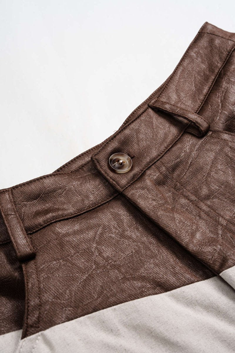 Faux Leather Ruched Patchwork Barrel Trousers - MISMIMCWBT2506190023-COFFEE-XXS