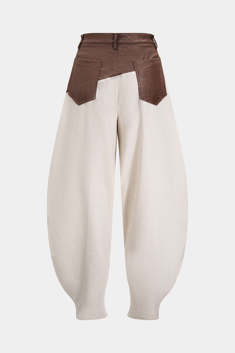 Faux Leather Ruched Patchwork Barrel Trousers - MISMIMCWBT2506190023-COFFEE-XXS