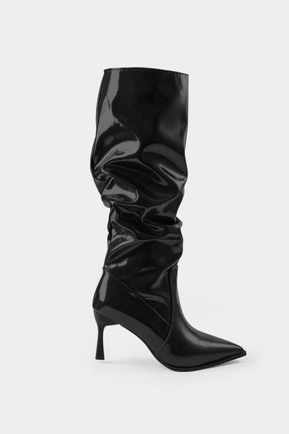 Faux Leather Ruched Pointed Toe Knee High Boots - MISMIMCSBK2409100005-BLACK-37