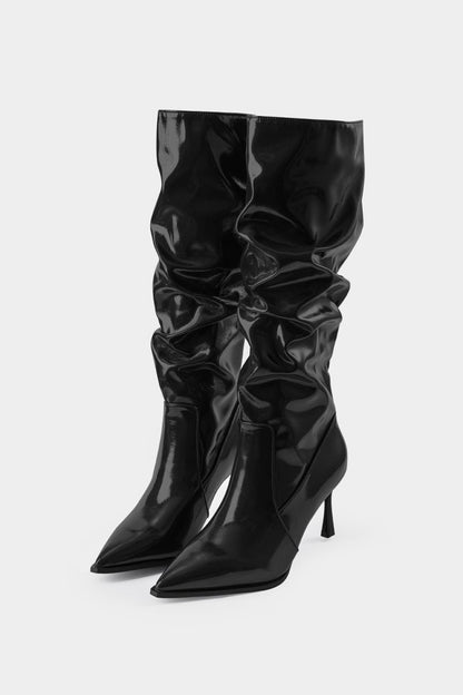 Faux Leather Ruched Pointed Toe Knee High Boots - MISMIMCSBK2409100005-BURGUNDY-37