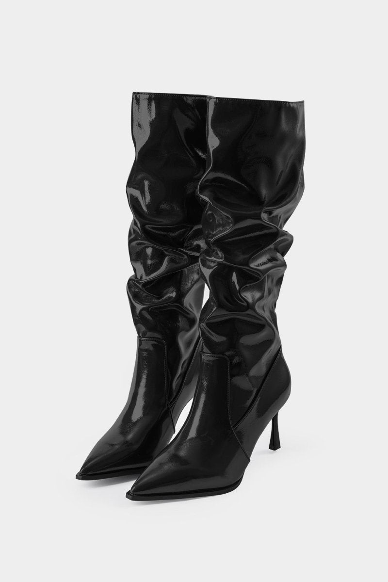 Faux Leather Ruched Pointed Toe Knee High Boots - MISMIMCSBK2409100005-BURGUNDY-37