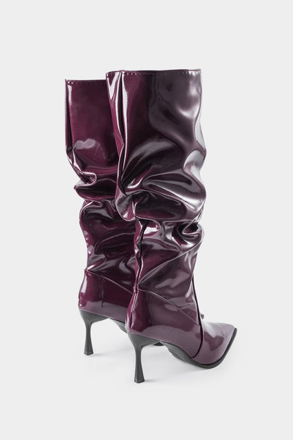 Faux Leather Ruched Pointed Toe Knee High Boots - MISMIMCSBK2409100005-BURGUNDY-37