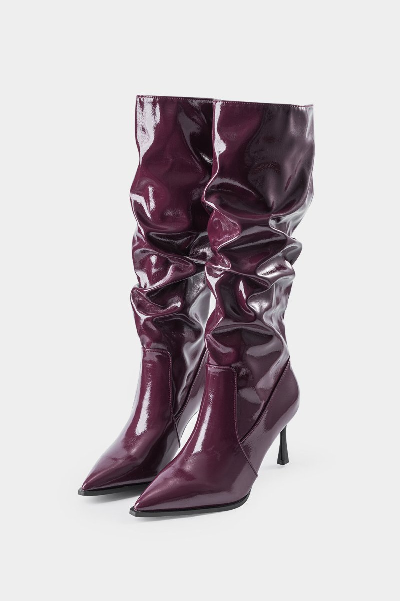 Faux Leather Ruched Pointed Toe Knee High Boots - MISMIMCSBK2409100005-BURGUNDY-37