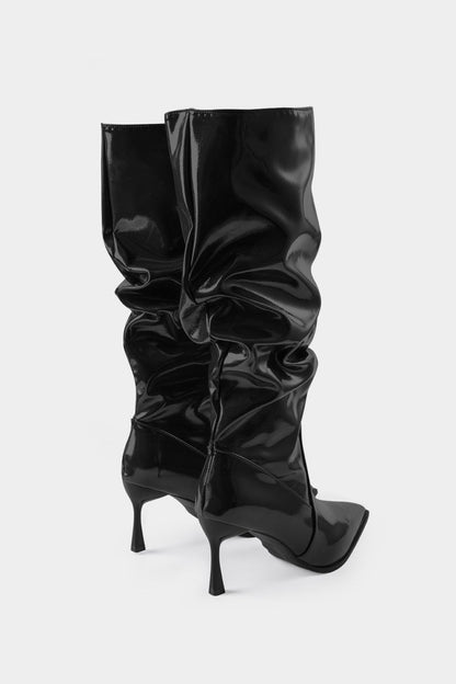 Faux Leather Ruched Pointed Toe Knee High Boots - MISMIMCSBK2409100005-BLACK-37