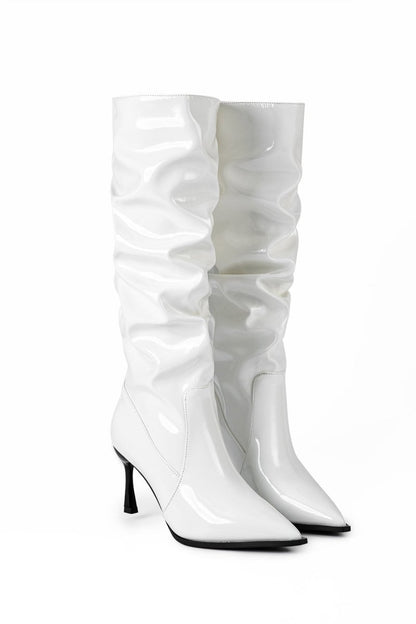 Faux Leather Ruched Pointed Toe Knee High Boots - MISMIMCSBK2409100005-WHITE-37