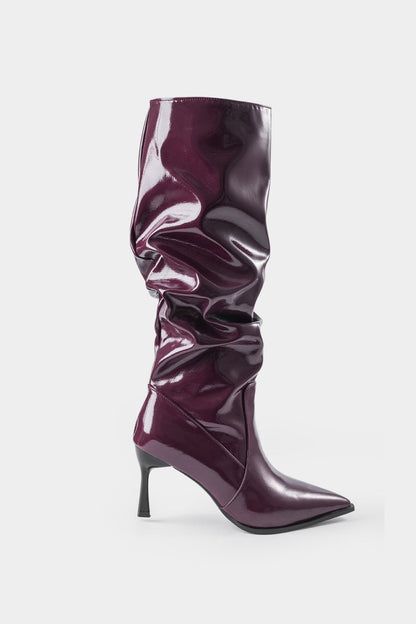 Faux Leather Ruched Pointed Toe Knee High Boots - MISMIMCSBK2409100005-BURGUNDY-37