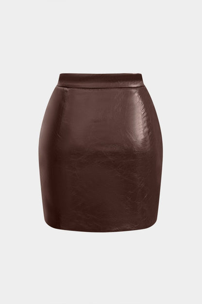 Faux Leather Ruched Skirt - MISMIMCWBK2411150012-BROWN-XS