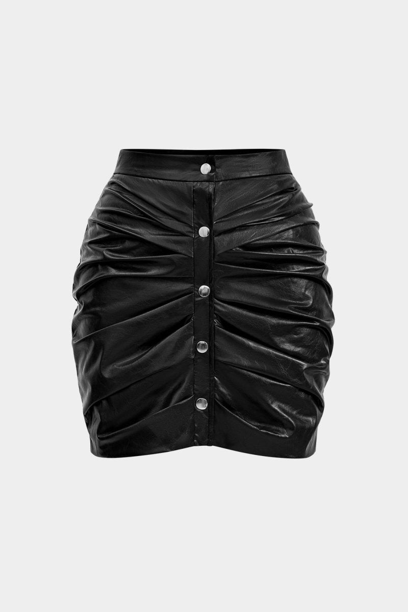 Faux Leather Ruched Skirt - MISMIMCWBK2411150012-BLACK-XS