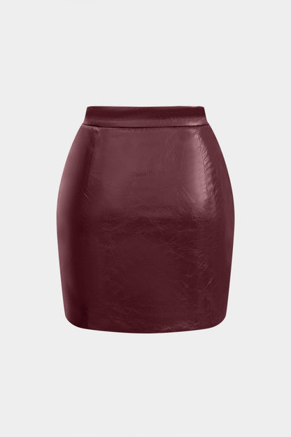 Faux Leather Ruched Skirt - MISMIMCWBK2411150012-BURGUNDY-XS