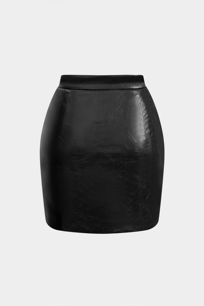 Faux Leather Ruched Skirt - MISMIMCWBK2411150012-BLACK-XS