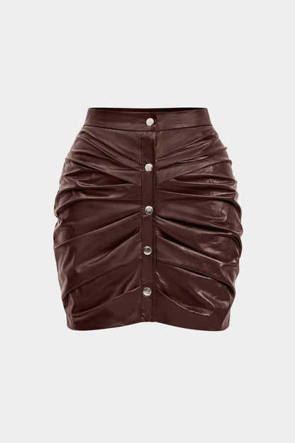 Faux Leather Ruched Skirt - MISMIMCWBK2411150012-BROWN-XS