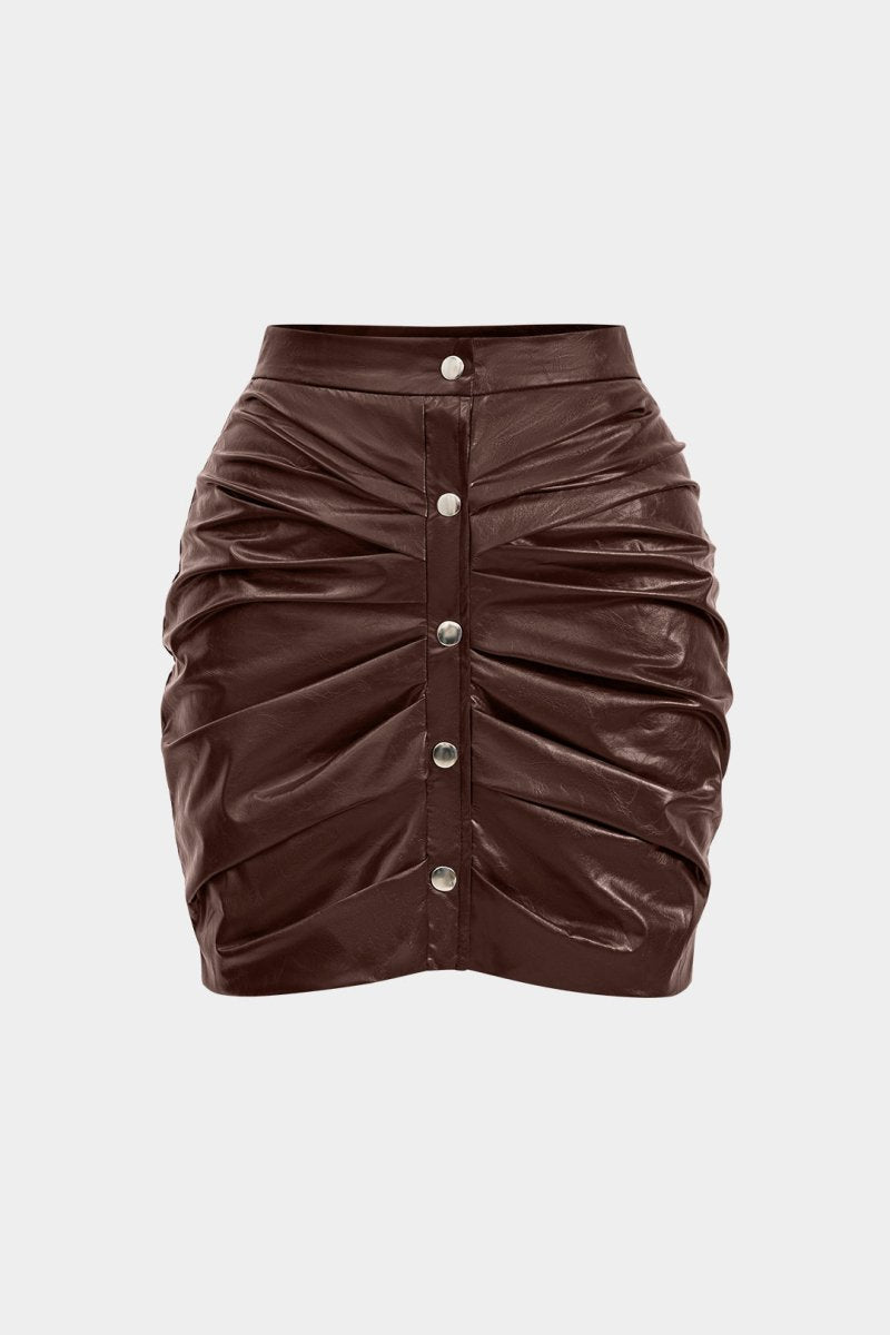 Faux Leather Ruched Skirt - MISMIMCWBK2411150012-BROWN-XS