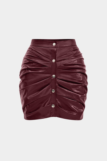 Faux Leather Ruched Skirt - MISMIMCWBK2411150012-BURGUNDY-XS