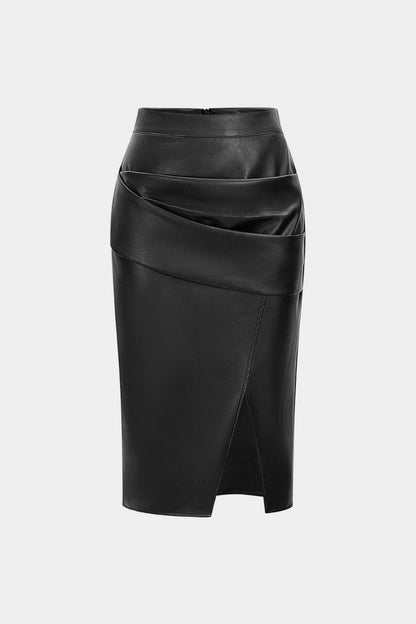 Faux Leather Ruched Skirt - MISMIMCWBK2509240047-BLACK-XS