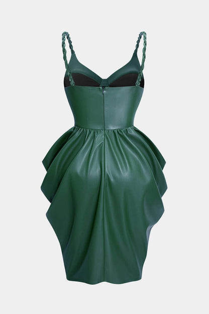 Faux Leather Ruched Twist Knot Sleeveless Mini Dress - MISMIMCWDC2509250119-DARK GREEN-XS