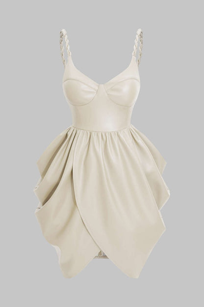 Faux Leather Ruched Twist Knot Sleeveless Mini Dress - MISMIMCWDC2509250119-BEIGE-XS