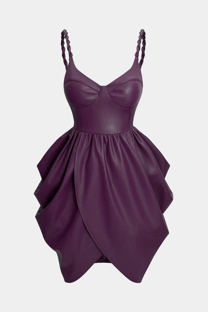 Faux Leather Ruched Twist Knot Sleeveless Mini Dress - MISMIMCWDC2509250119-EGGPLANT PURPLE-XS