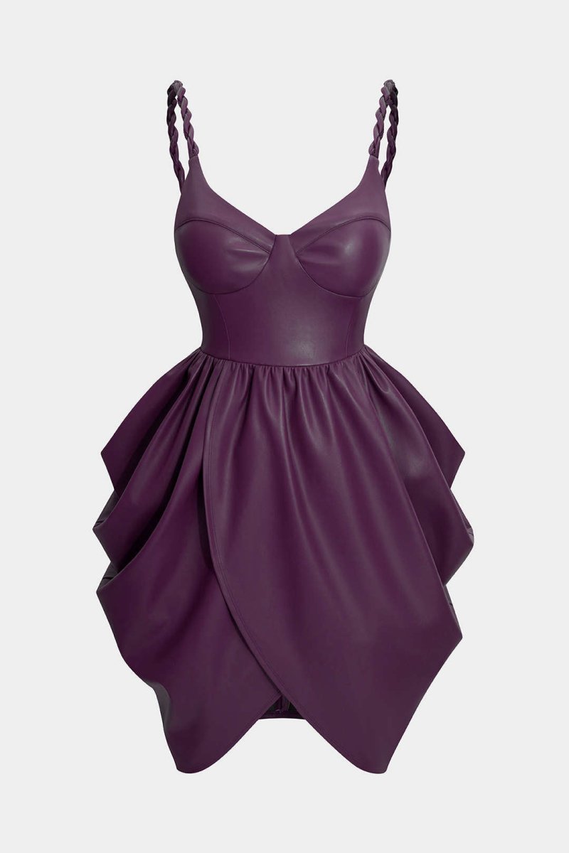 Faux Leather Ruched Twist Knot Sleeveless Mini Dress - MISMIMCWDC2509250119-EGGPLANT PURPLE-XS