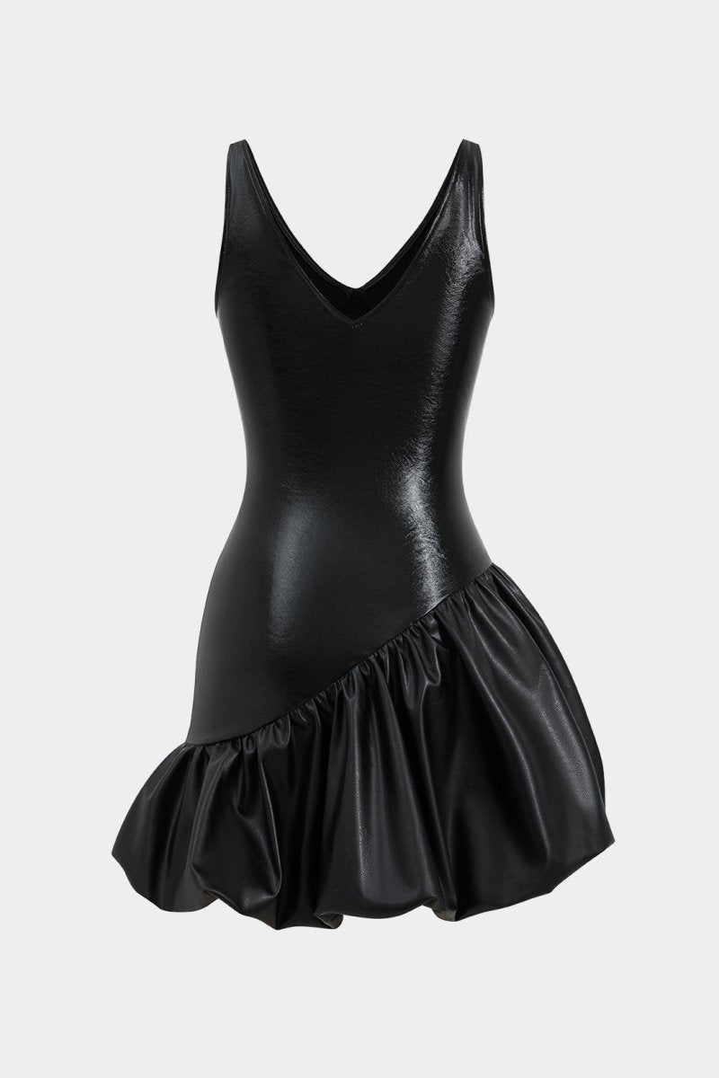 Faux Leather Ruched V - Neck Asymmetrical Mini Dress - MISMIMCWDC2410240037-BLACK-XS