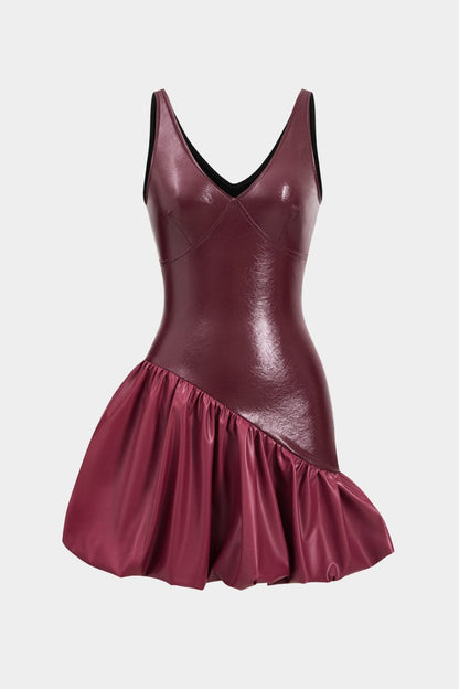 Faux Leather Ruched V - Neck Asymmetrical Mini Dress - MISMIMCWDC2410240037-BURGUNDY-XS