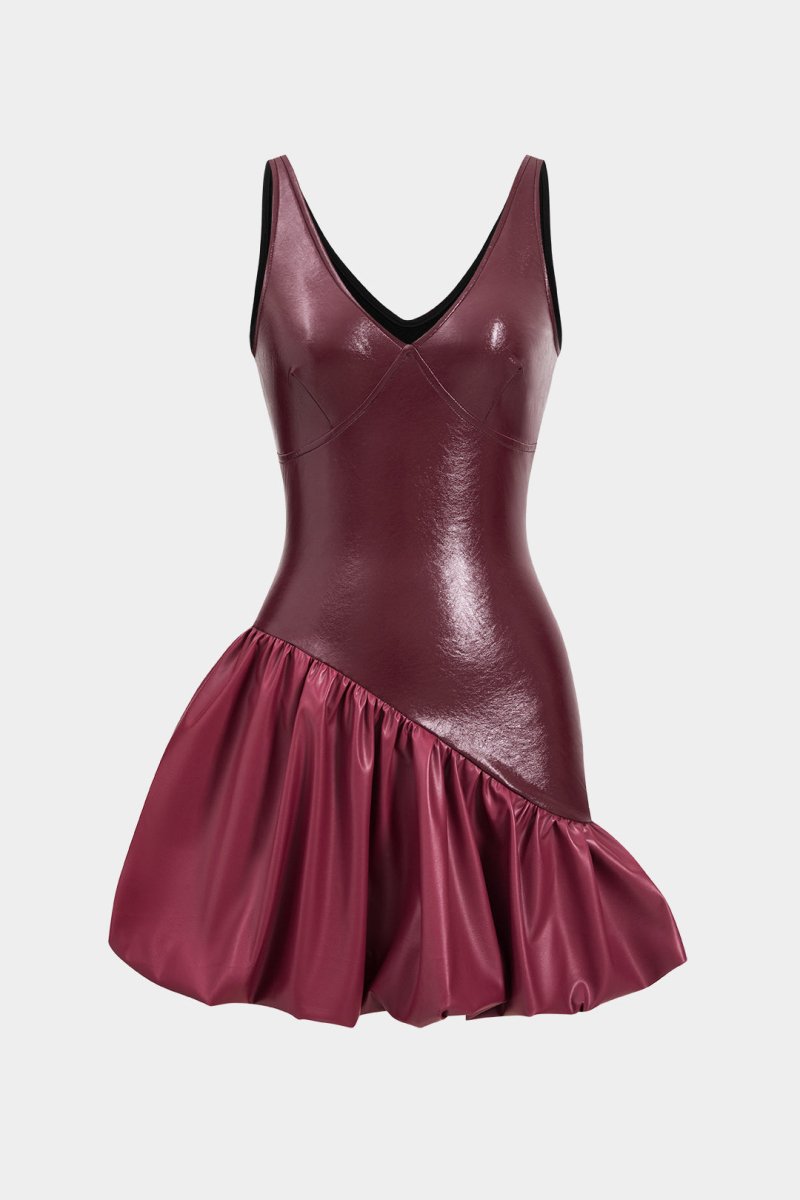 Faux Leather Ruched V - Neck Asymmetrical Mini Dress - MISMIMCWDC2410240037-BURGUNDY-XS