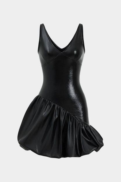 Faux Leather Ruched V - Neck Asymmetrical Mini Dress - MISMIMCWDC2410240037-BLACK-XS